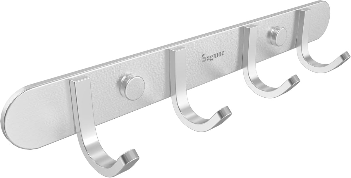 Coat Hook Rack Brushed Nickel 10.6-Inch Coat&Towel Hook Rail Wall Mounted with 4 Hooks, Durable