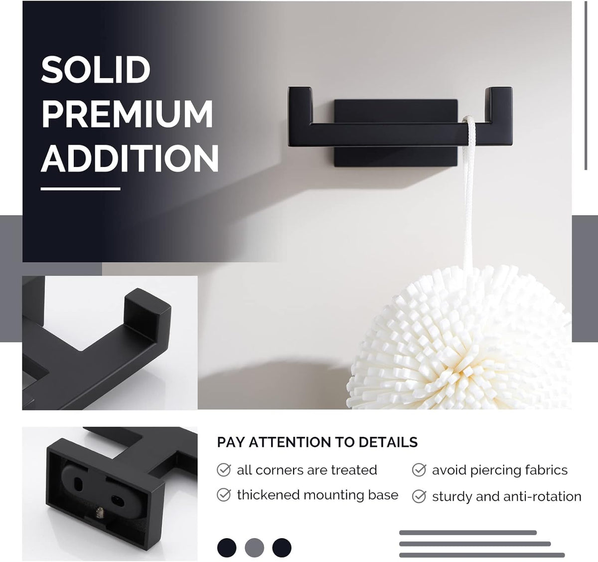 Angle Simple Double Towel Hook Matte Black, Stainless Steel Bathroom Towel Holder, Coat Robe Hook