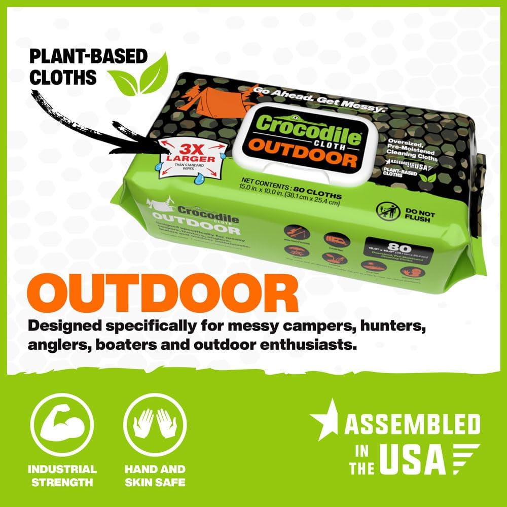 Crocodile Cloth Outdoor Cleaning Wipes – 80 Count Plant-Based Cloths (15"x10"), Skin Safe