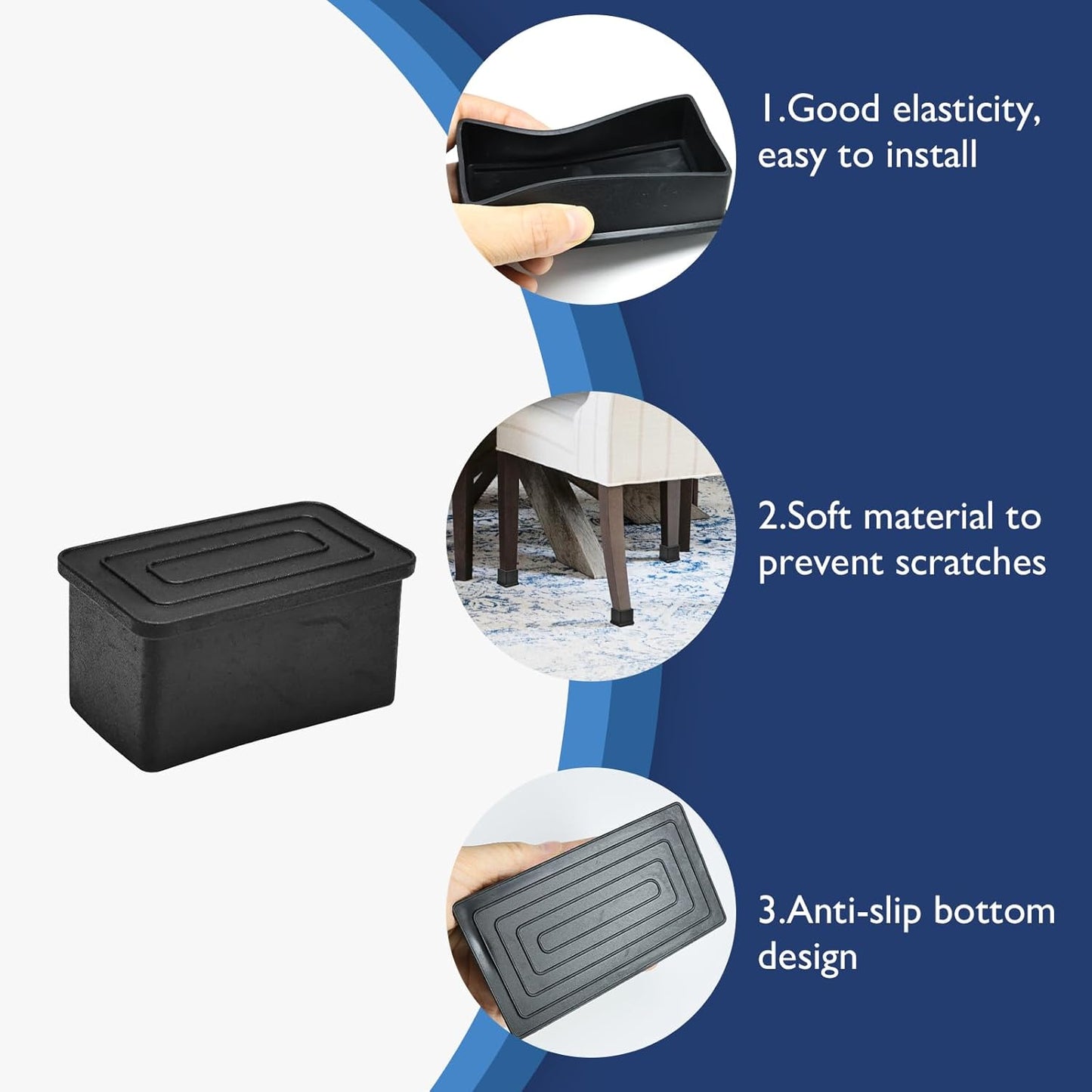 4 Pcs 1" x 2" Rectangular Rubber Chair Leg Caps, PVC Table Leg Covers, Flexible & Anti-Slip