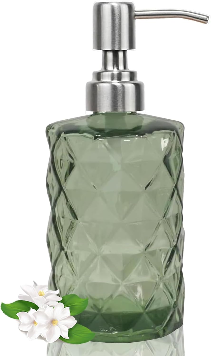 12Oz Green Glass Soap Dispenser with Stainless Steel Pump, Refillable Kitchen Liquid Hand Soap