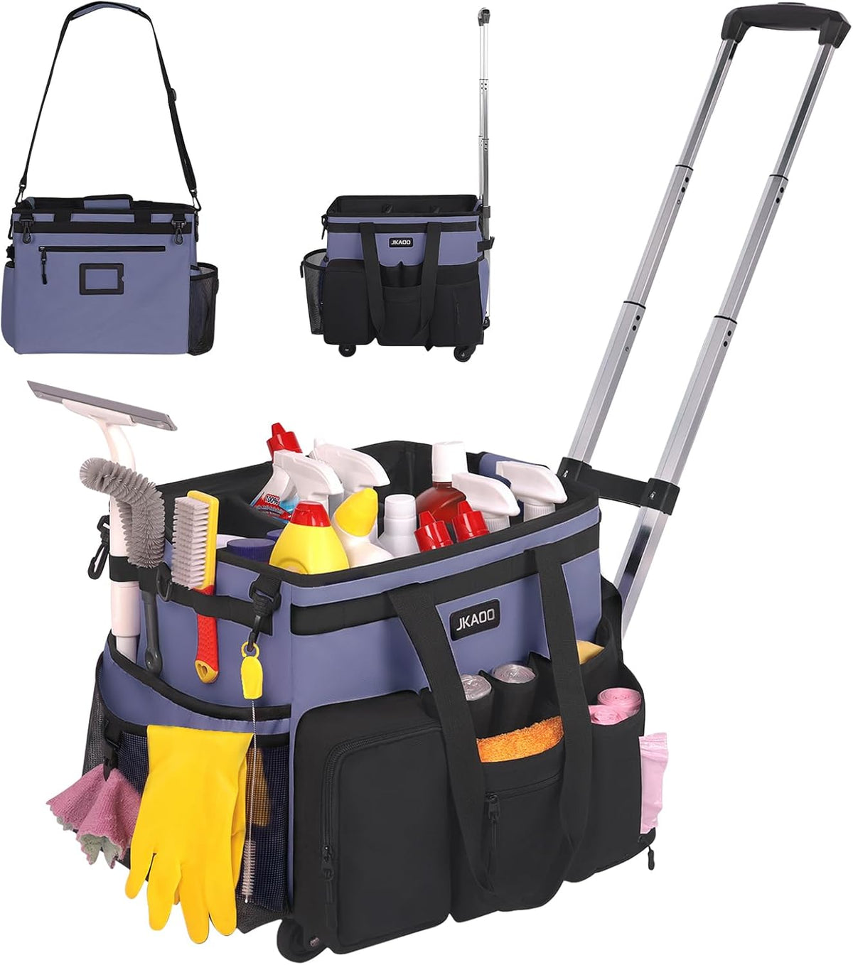Large Rolling Cleaning Caddy Bag with Detachable Trolley, Waterproof Cleaning Caddy on Wheels for