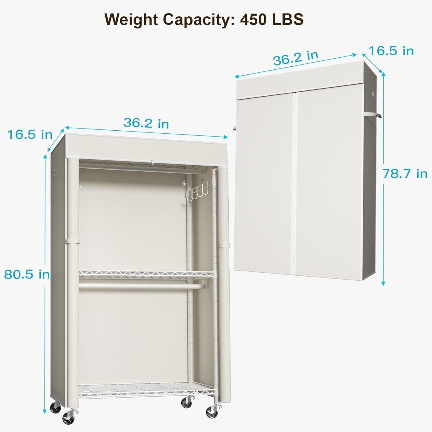 FUTASSI White Clothing Rack with Beige Cover, P1C Rolling Closets with Wheels, Metal Garment Rack