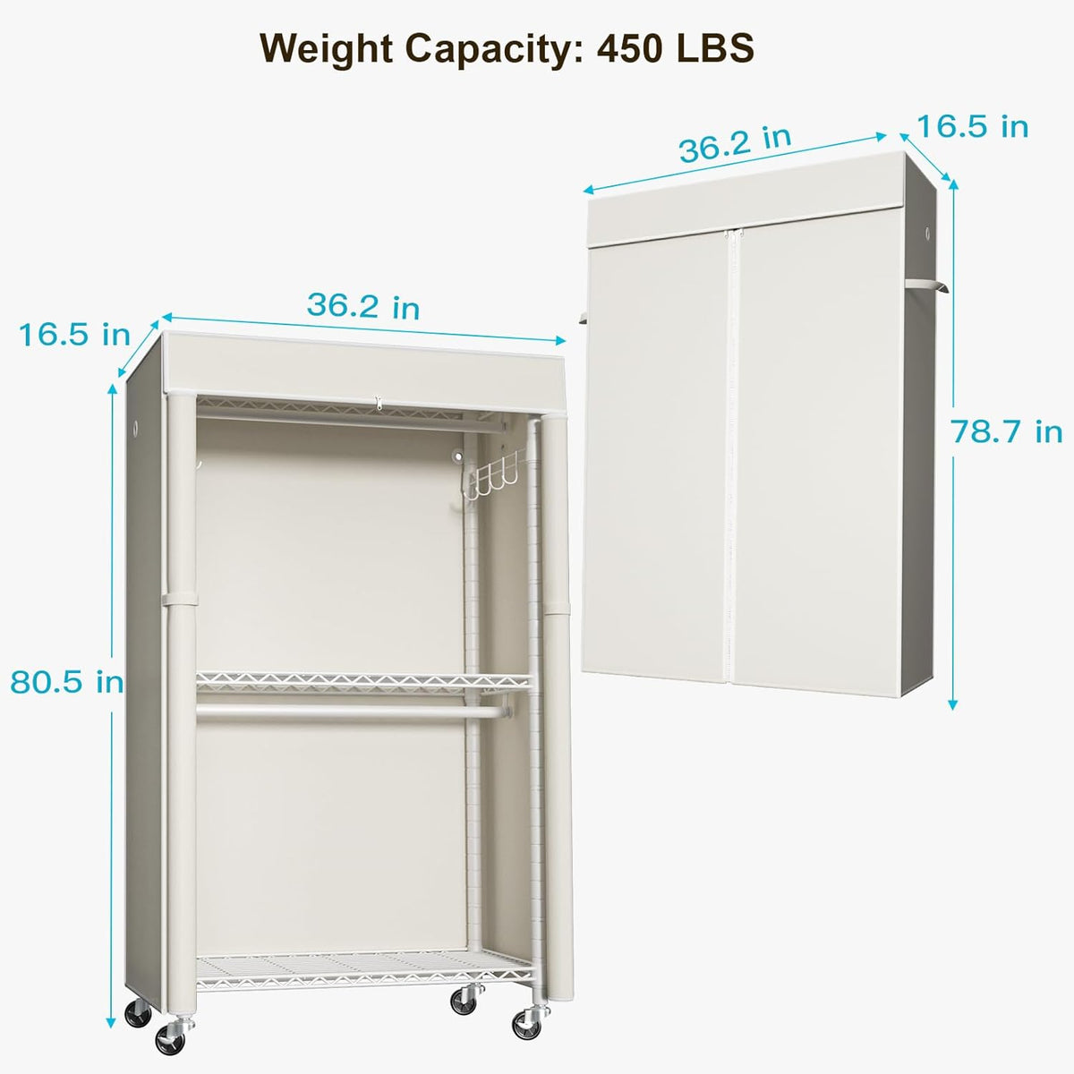 FUTASSI White Clothing Rack with Beige Cover, P1C Rolling Closets with Wheels, Metal Garment Rack