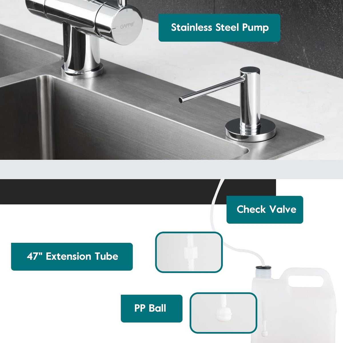 Gappo Soap Dispenser for Kitchen Sink Polished Chrome, Stainless Steel Countertop Pump, Built in