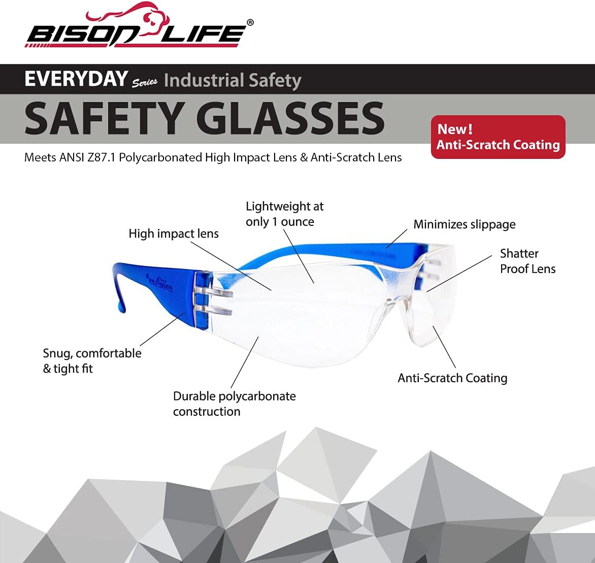 BISON LIFE Safety Glasses - Scratch Resistant Wrap Around Eyewear, Polycarbonate ANSI Z87.1 Impact