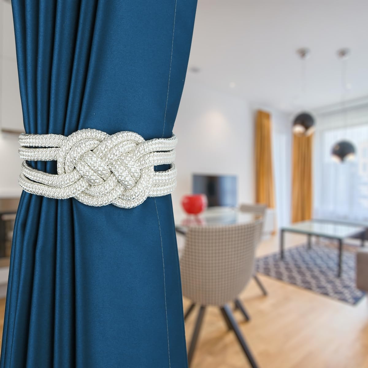2 Pack Magnetic Curtain Tiebacks, Hand Weave Rope Knot Decorative Curtain Holdbacks for Home &