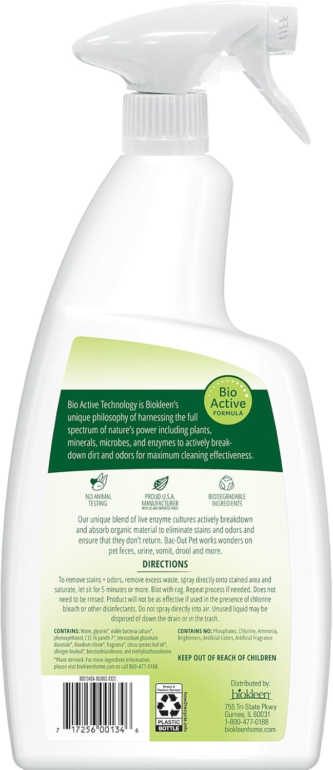 Biokleen Bac-Out Pet Urine Odor Eliminator - 32 Ounce Spray 2 Pack - Enzymatic, Natural, Destroys