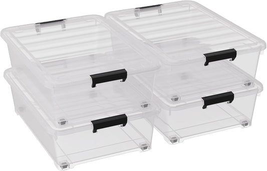 25 Quart Under Bed Clear Latch Bin with Wheel, Plastic Under Bed Storage Box, 4 Pack