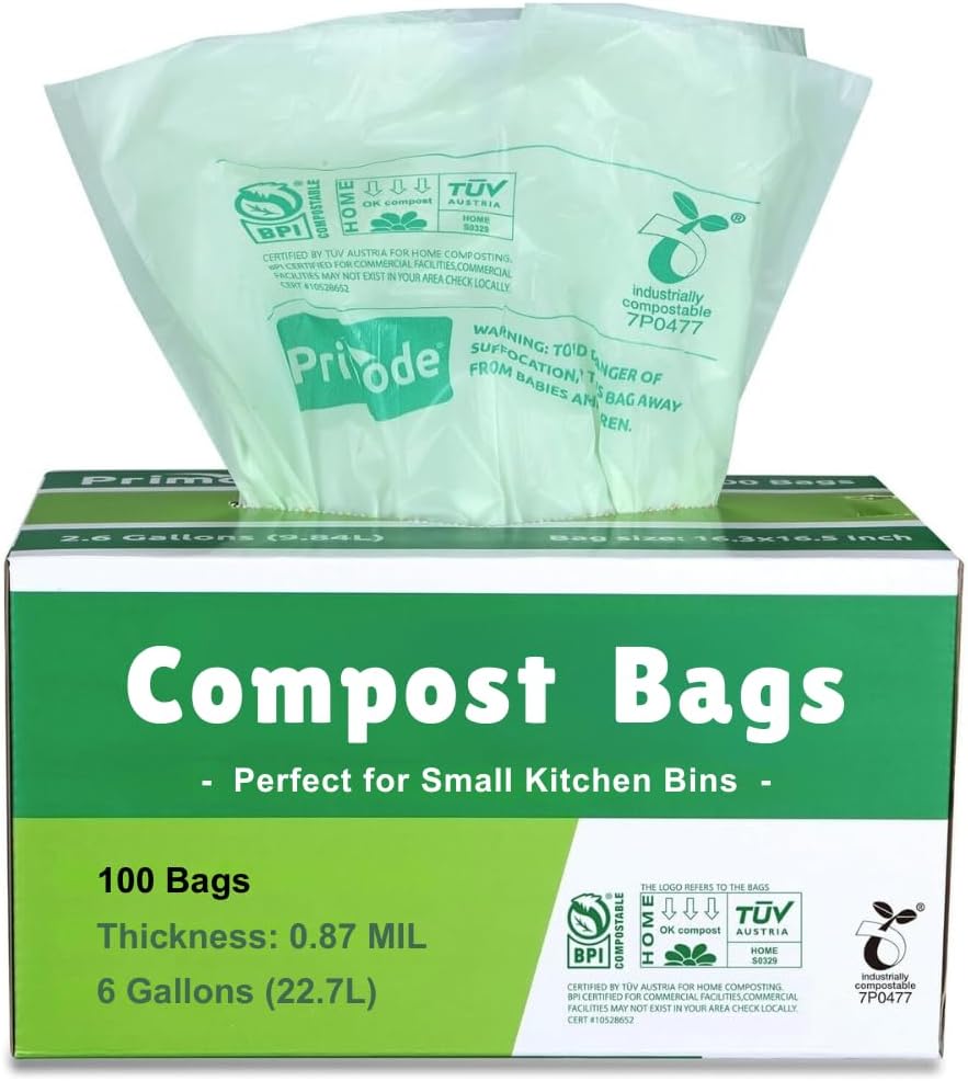 Primode Compostable Bags, 6 Gallon Food Scraps Yard Waste Bags, 100 Count, Extra Thick 0.87 Mil.