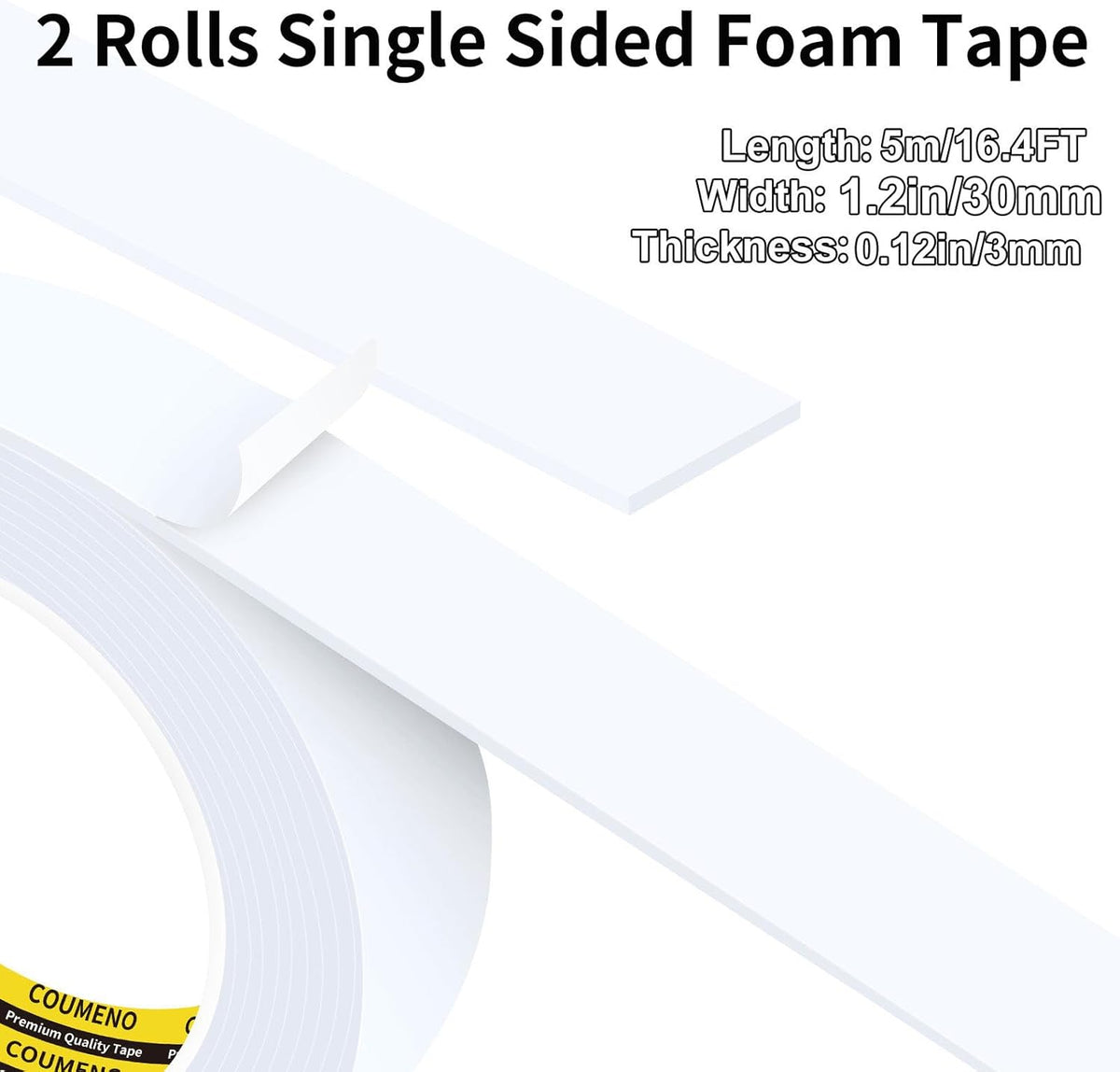 2 Pack Single-Sided Adhesive White Foam Tape 1.2inX16.4FT Single-Sided Sealing Strip Foam Pad