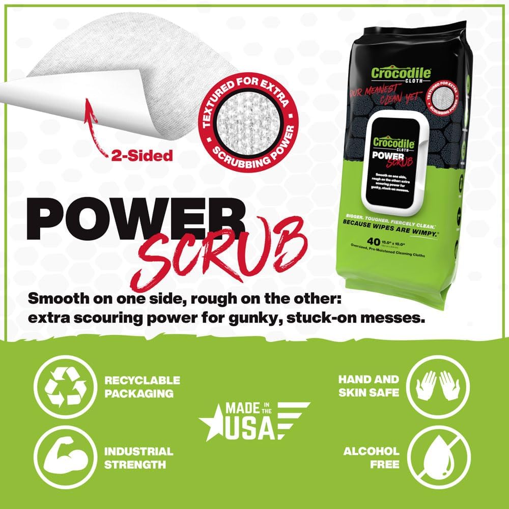Crocodile Cloth PowerSCRUB - 40 (15" x 10") Heavy Duty Cleaning Wipes - Dual-Surface Cloths, Moist