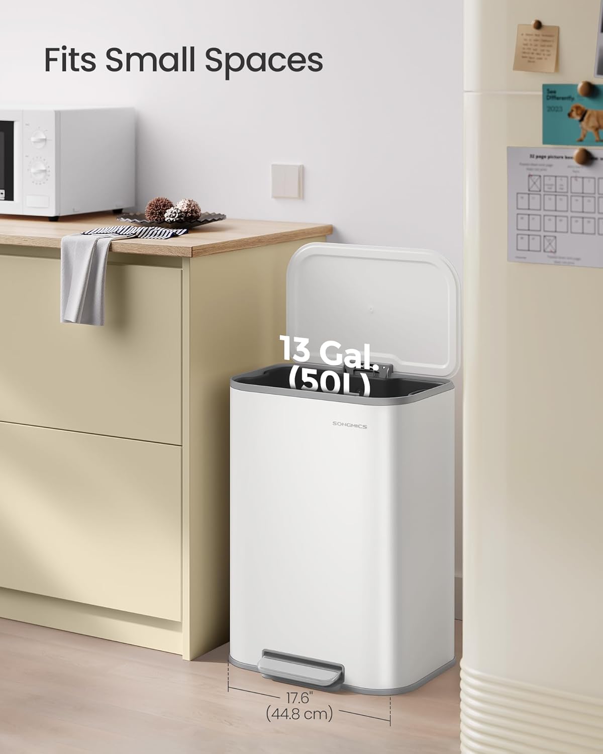 SONGMICS Kitchen Trash Can, 13-Gallon (50 L) Garbage Can with Lid, Stainless Steel, Soft Close and