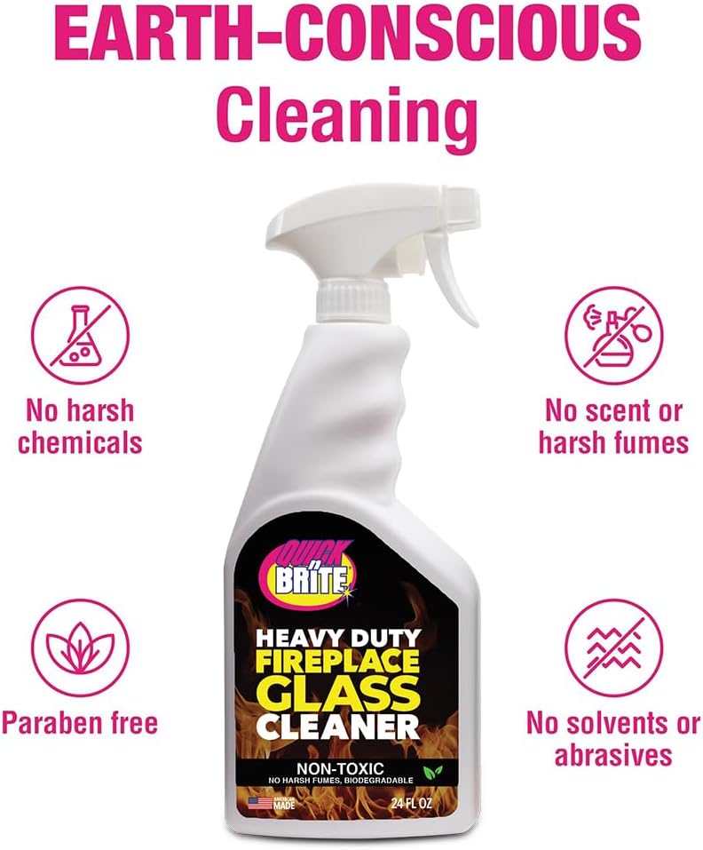 Quick N Brite Fireplace Glass Cleaner 24oz, Nonabrasive Cleaning Spray for Fireplace Glass, Oven