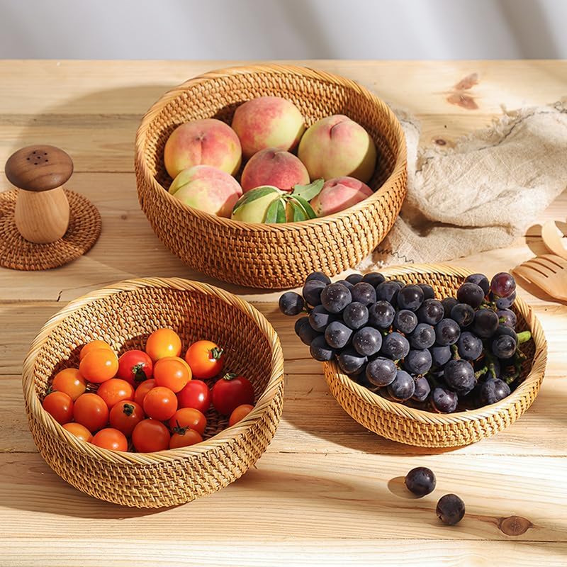 Rattan Bread Basket, Hand Woven Fruit Basket, Wicker Serving Basket Bowl, Decorative Baskets for