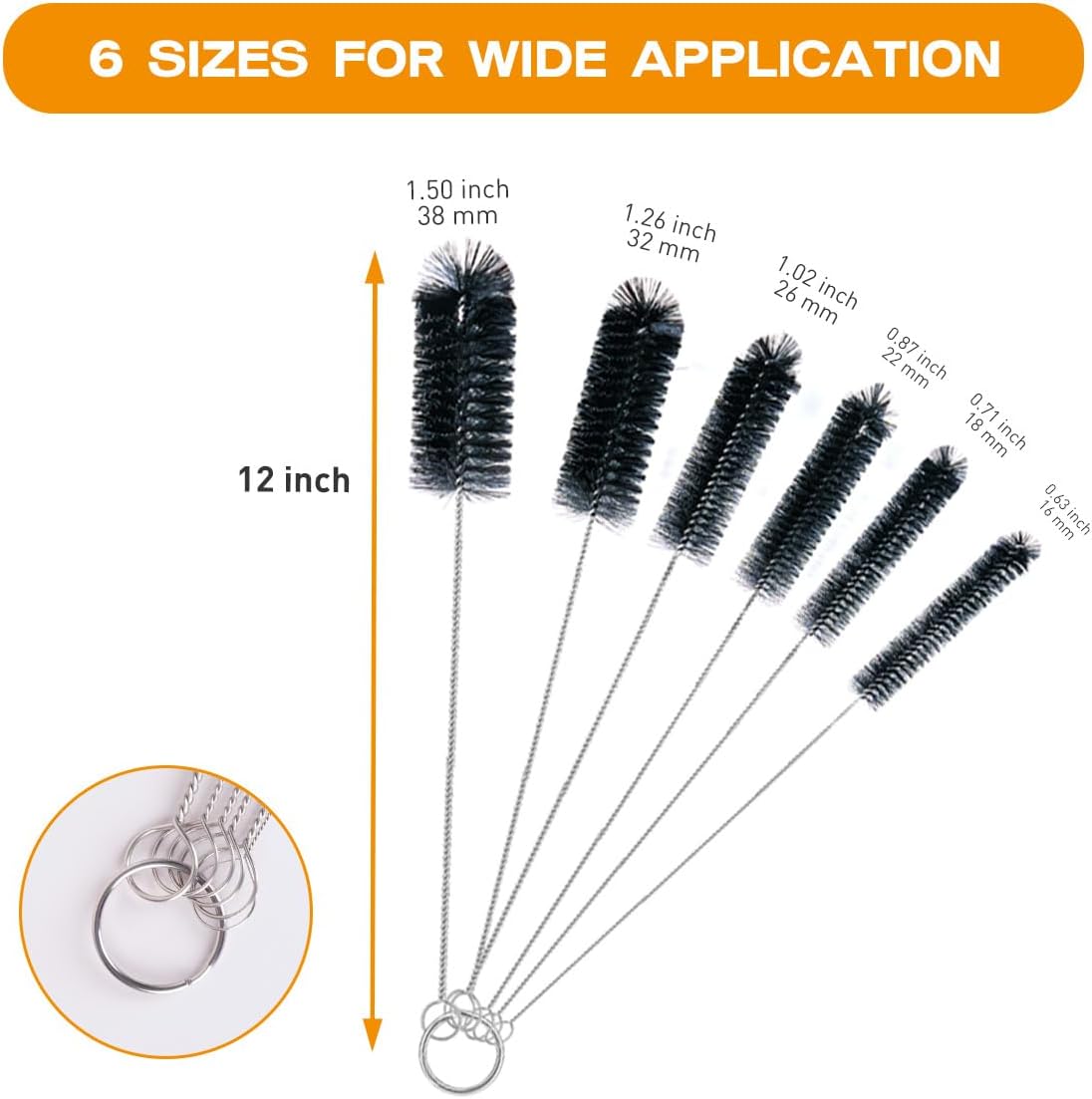 Straw Cleaner Brush Set,6 Piece 12" Long Pipe Tube Bottle Brushes for Cleaning Narrow Neck