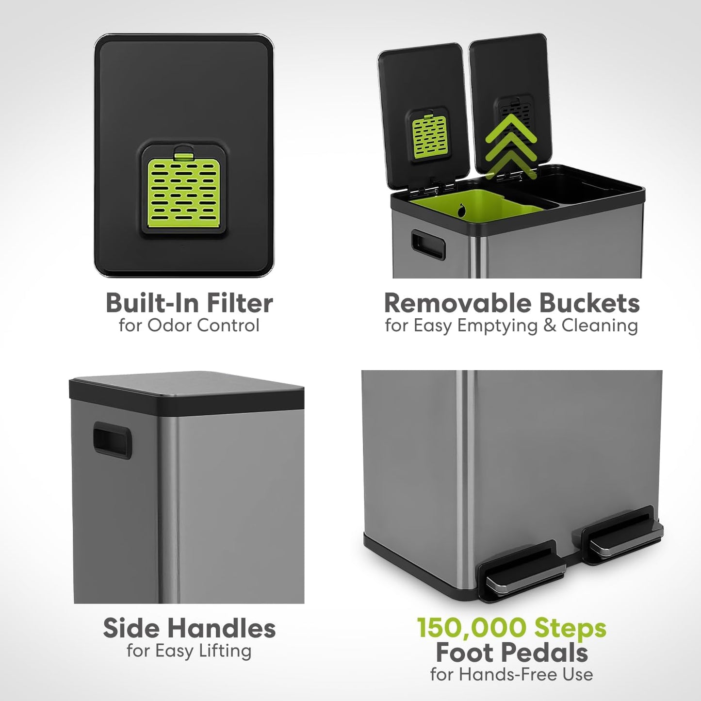 SIMPLI-MAGIC 16 Gallon (60L) Elegant Black Step Trash Can – Dual Compartment Kitchen Garbage Can