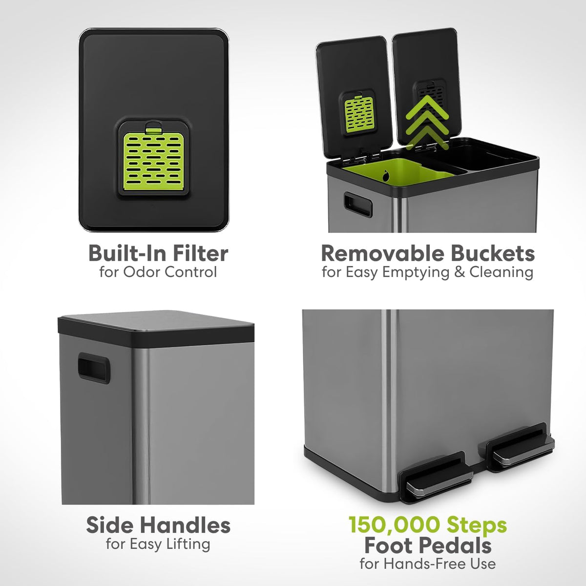 SIMPLI-MAGIC 16 Gallon (60L) Elegant Black Step Trash Can – Dual Compartment Kitchen Garbage Can