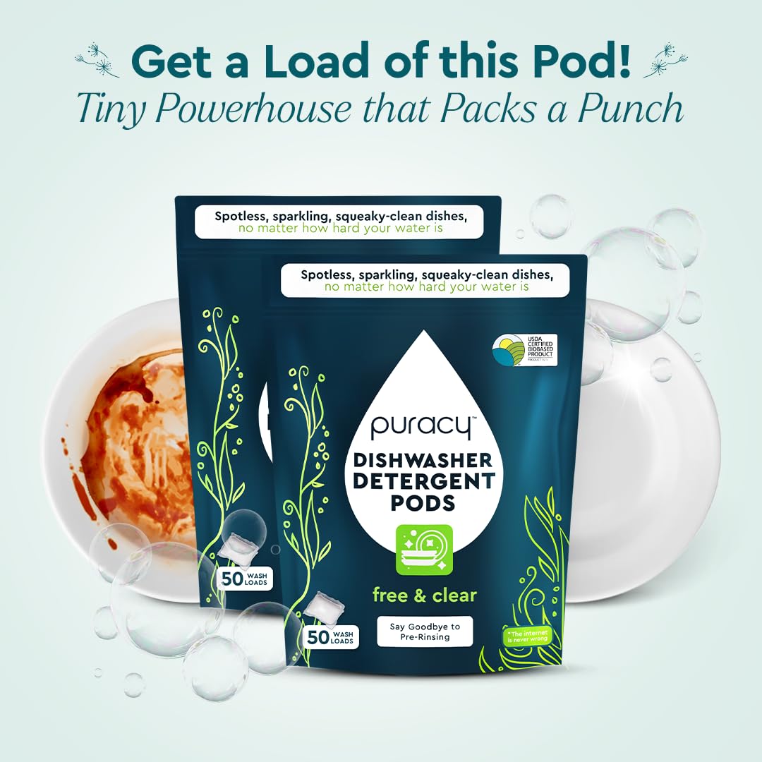 Puracy Dishwasher Pods, Natural Dishwasher Detergent, Free & Clear Dish tabs - Enzyme-Powered, Spot