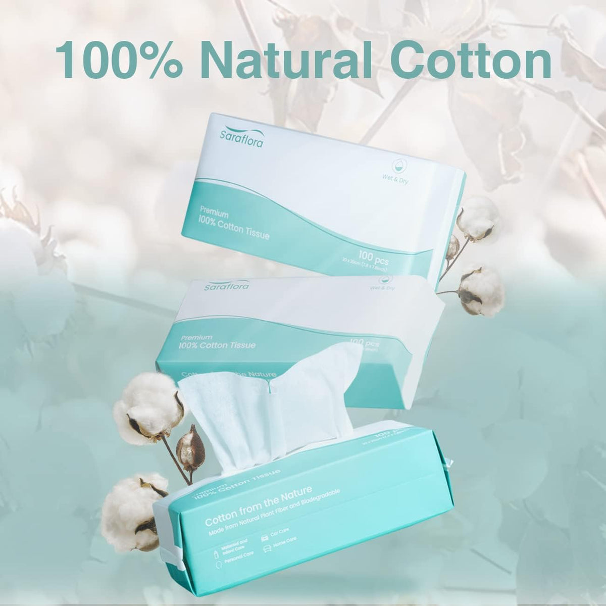 Saraflora 100% Cotton Facial Tissue Soft Dry Wipe 6 Pack, Use for Sensitive Skin Disposable Face