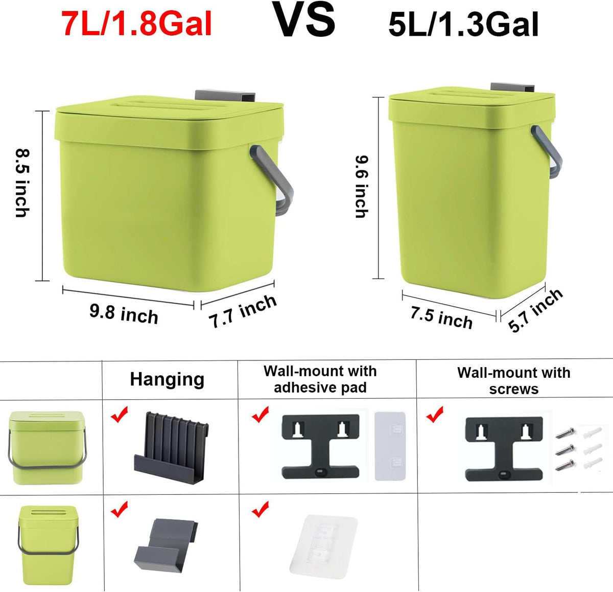 LALASTAR 1.8 Gallon Hanging Trash Can, Green, Plastic, Compost Bin Indoor Kitchen Sealed, Small