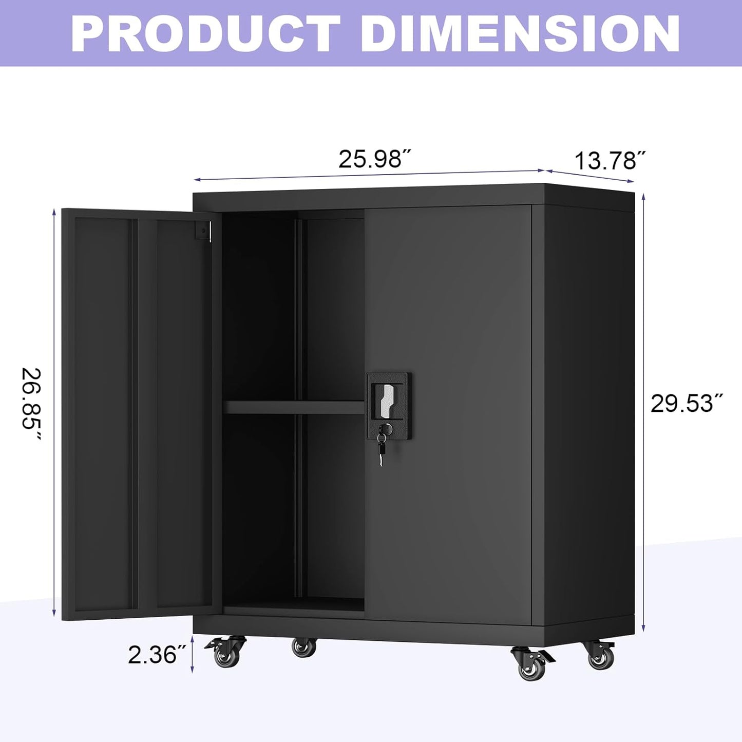 Metal Cabinet with Wheels, Steel Cabine with Locking Doors, Small Cabinet with 1 Adjustable Shelf