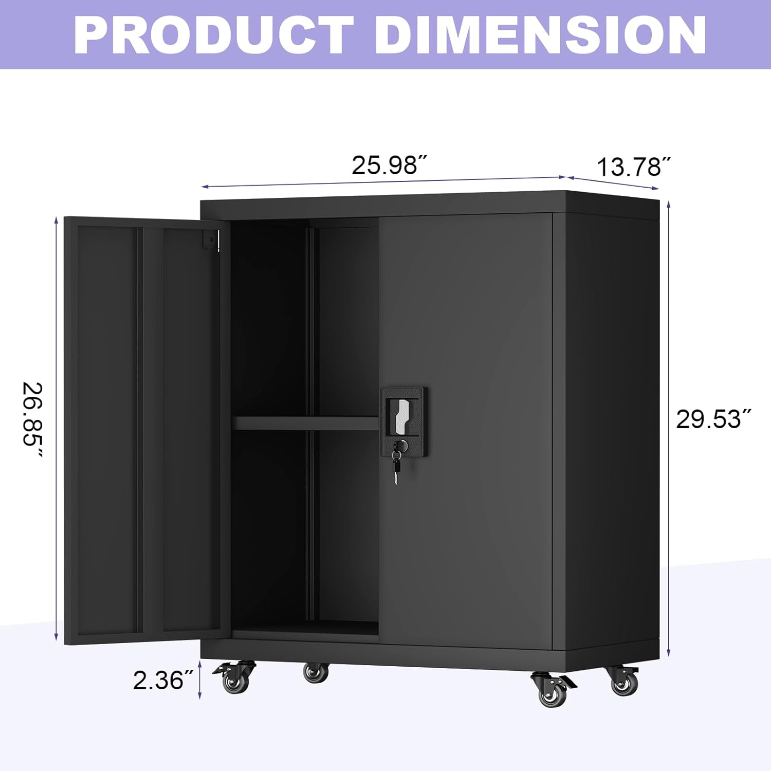 Metal Cabinet with Wheels, Steel Cabine with Locking Doors, Small Cabinet with 1 Adjustable Shelf