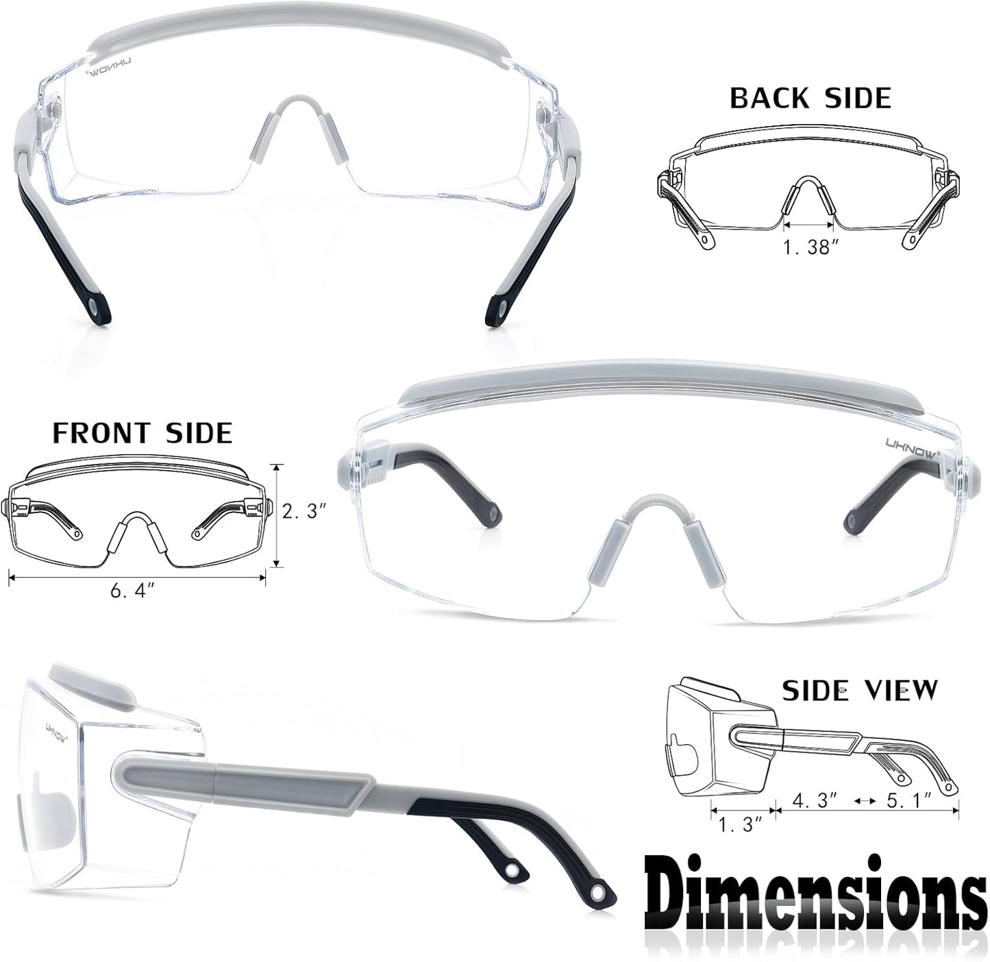 UKNOW Safety Goggles Over Glasses, Safety Glasses Anti Fog Wraparound Eye Protection, Protective