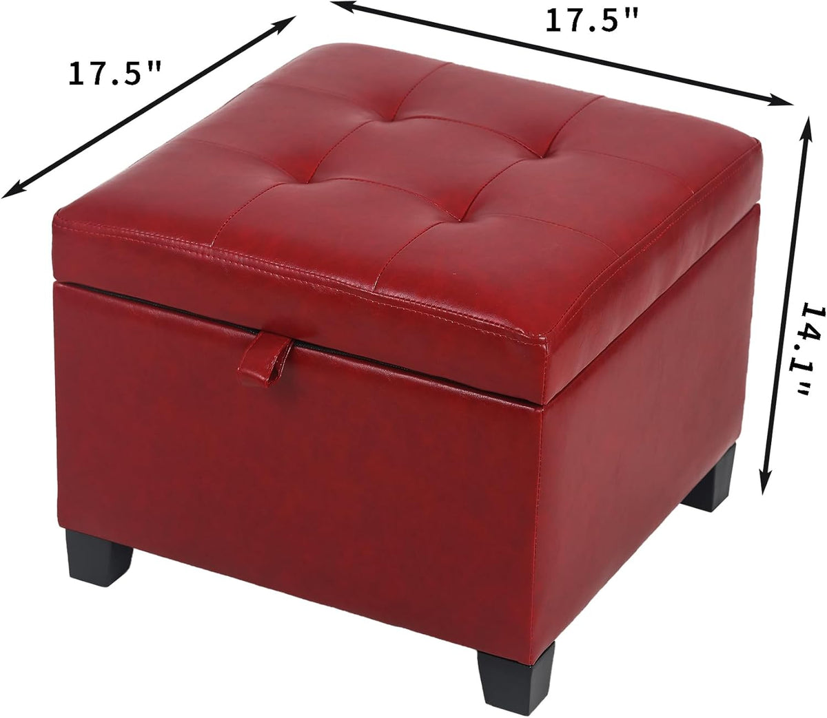 Adeco Faux Leather Storage Ottoman with Hinged Lid, 14 Inch High Red Square Cube Foot Stool with