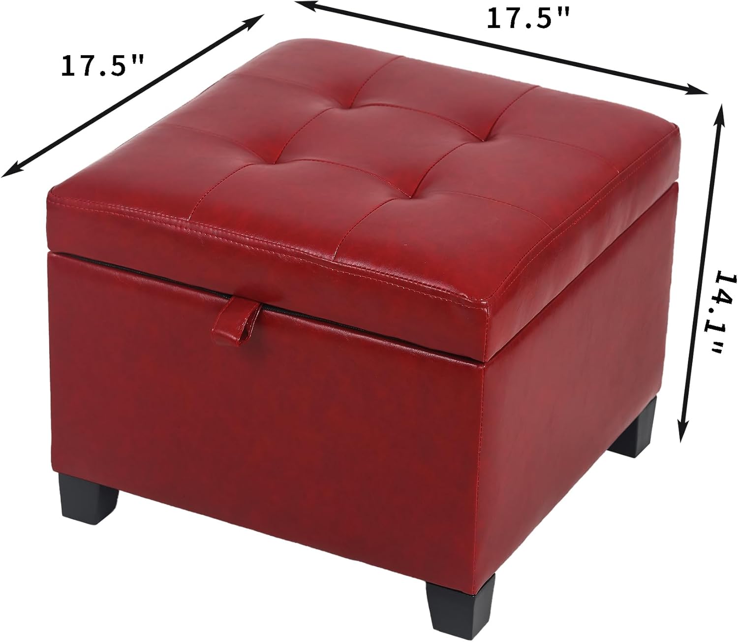 Adeco Faux Leather Storage Ottoman with Hinged Lid, 14 Inch High Red Square Cube Foot Stool with