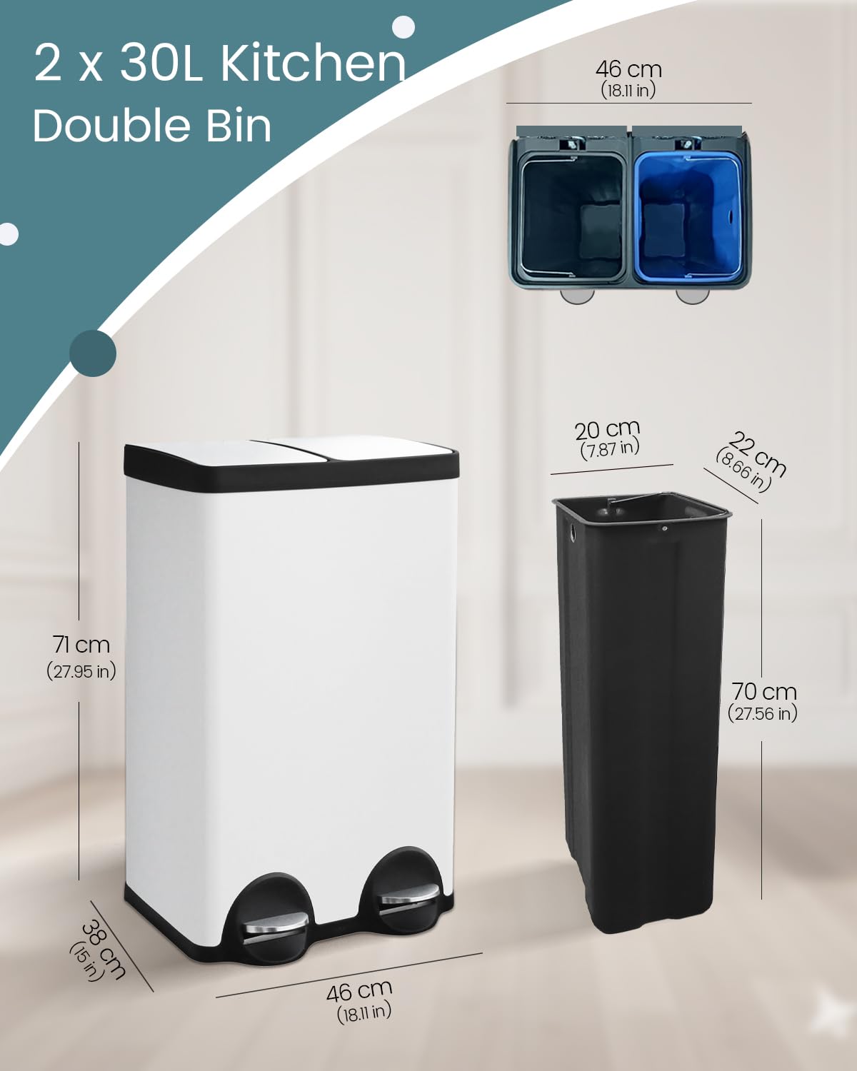 Dual Compartment Stainless Steel Trash Can, 16 Gallon / 60 Liters White Kitchen Garbage Bin with