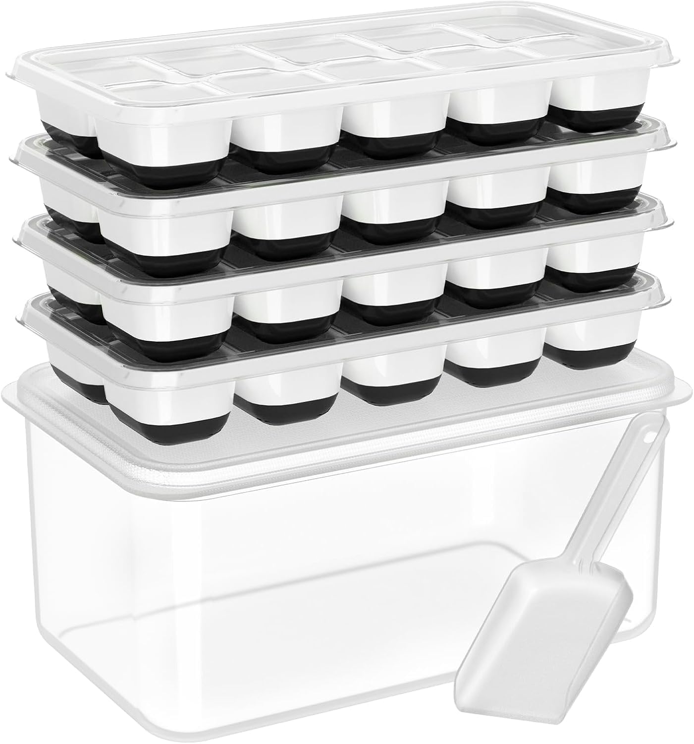 DOQAUS Ice Cube Tray with Lid and Bin, 4 Pack Silicone Plastic Ice Cubes Trays for Freezer with