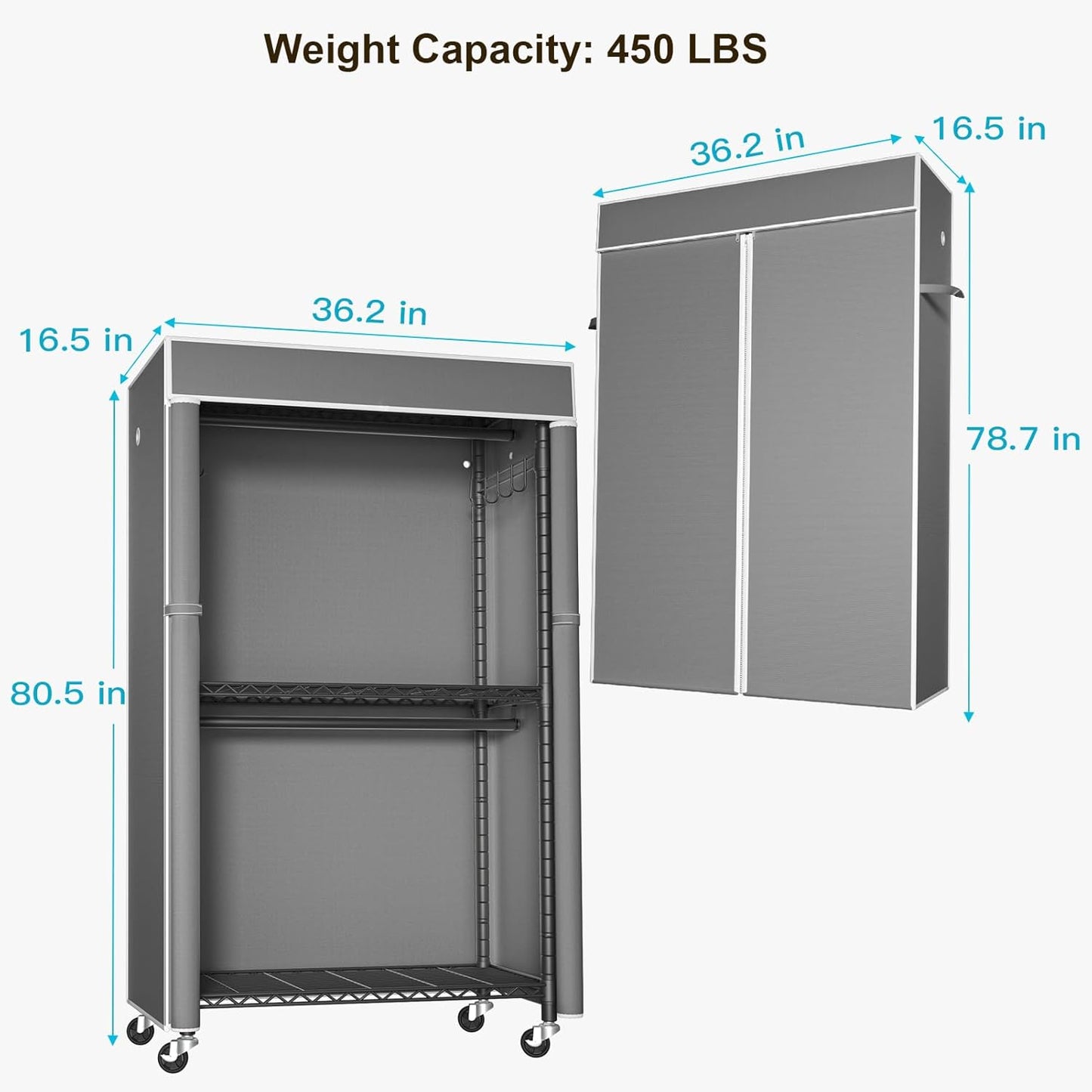 FUTASSI Black Clothing Rack with Dark Gray Cover, P1C Rolling Closets with Wheels, Metal Garment