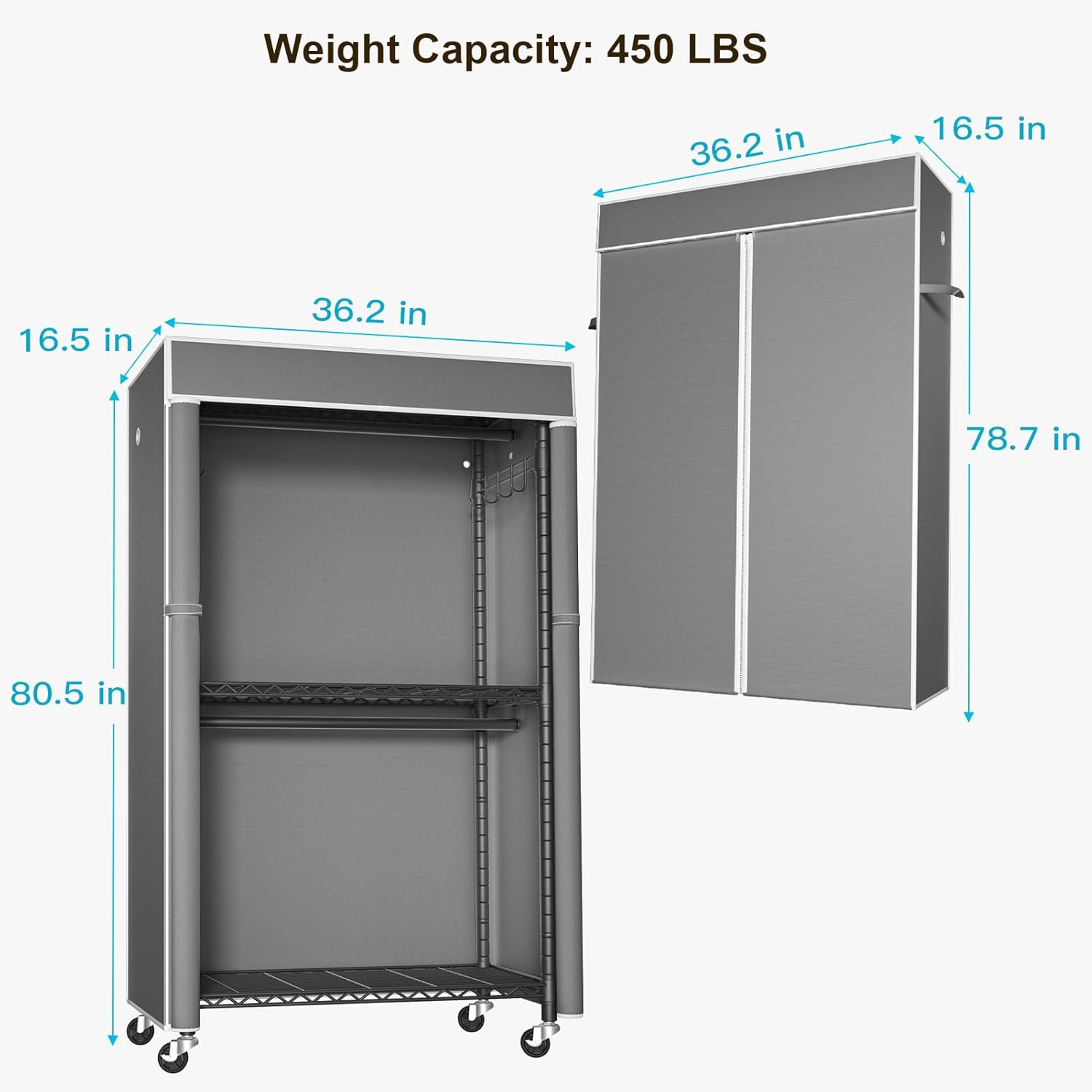 FUTASSI Black Clothing Rack with Dark Gray Cover, P1C Rolling Closets with Wheels, Metal Garment