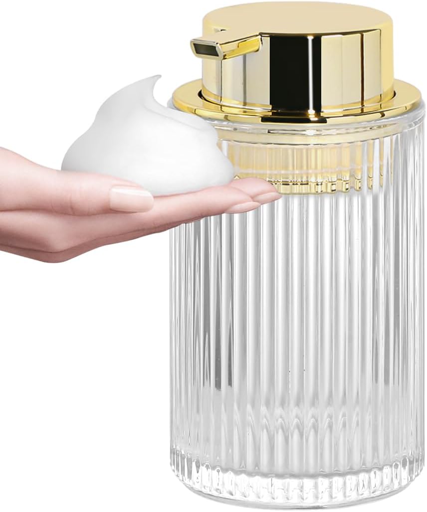 Clear Foaming Soap Dispenser, 12 Oz Glass Foaming Hand Soap Dispenser with Gold Pump, Bathroom