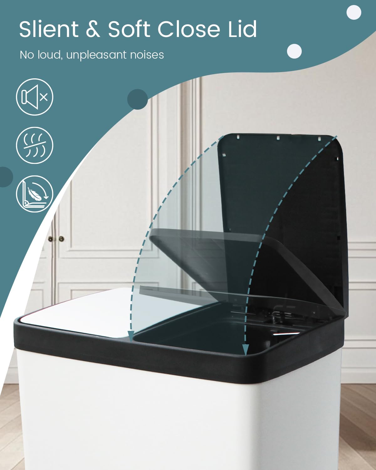 Dual Compartment Stainless Steel Trash Can, 16 Gallon / 60 Liters White Kitchen Garbage Bin with