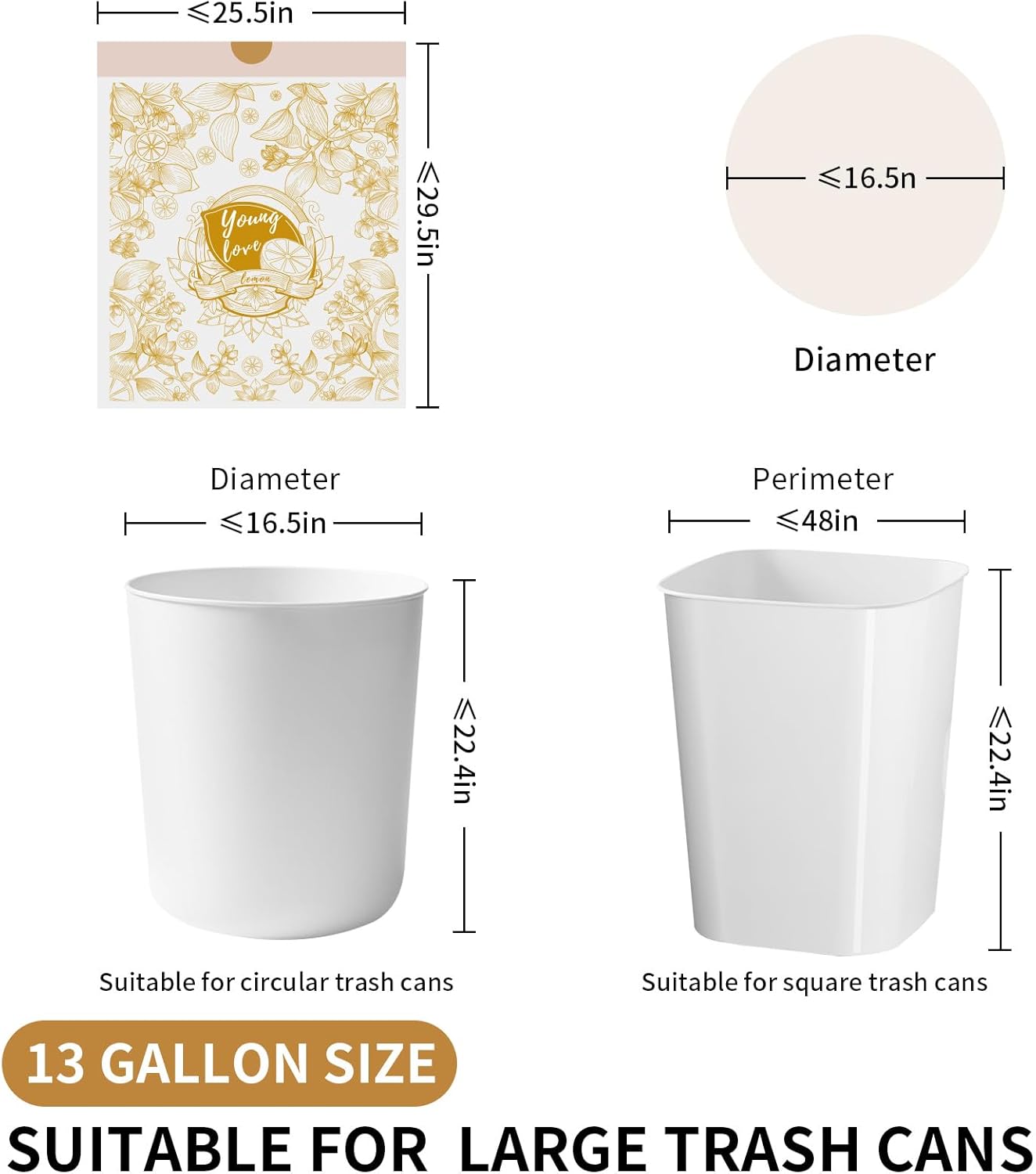 VOK 13 Gallon Trash Bags with Lemon Print & Drawstring, Tear-Resistant Tall Kitchen Garbage Bags