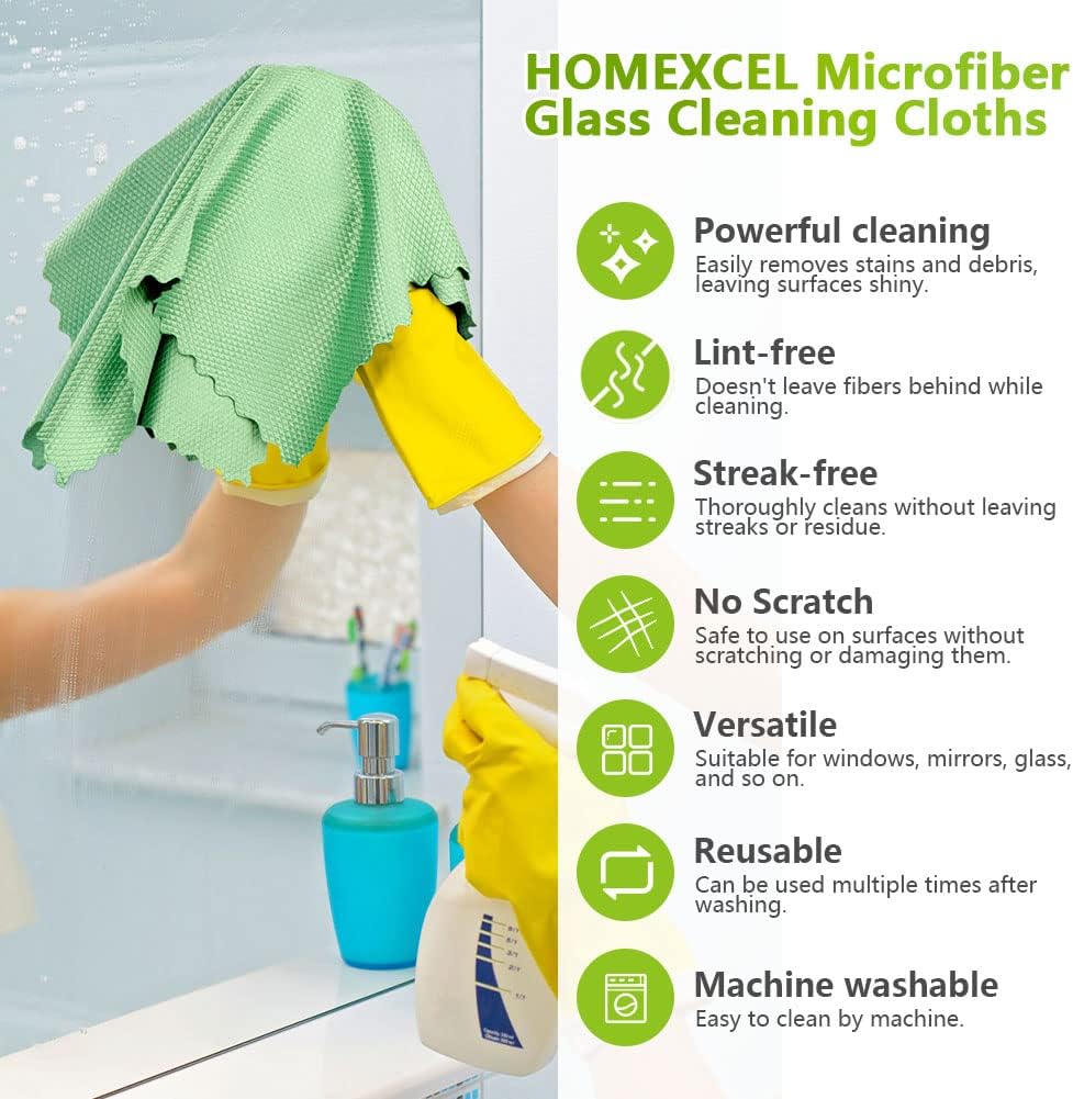 HOMEXCEL Microfiber Glass Cleaning Cloths-6PK, 16"x14" Lint Free Window Cleaning Cloth, Glasses
