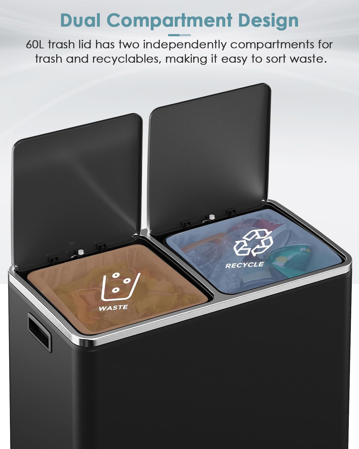 AthLike 60L(16 Gal) Dual Trash Can, Stainless Steel Kitchen Garbage Can, Double Compartment