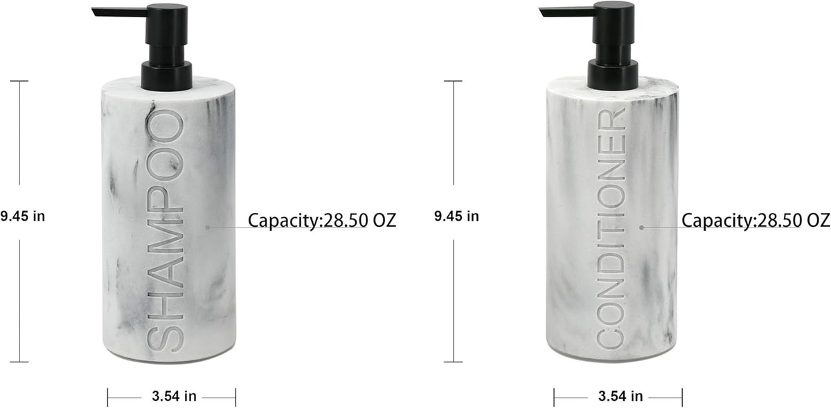 Marble Resin 2 Piece Shampoo and Conditioner Dispenser Set, Luxurious Refillable Pump Bottles with