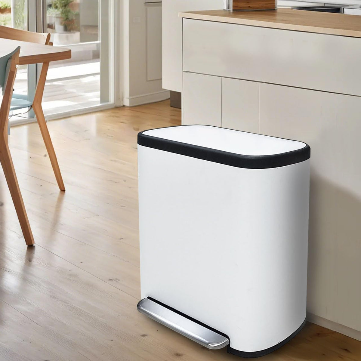 16 Gallon Dual Trash Can, Kitchen Recycling Bins with 2 x 8 Gallon Compartments, 2 Plastic