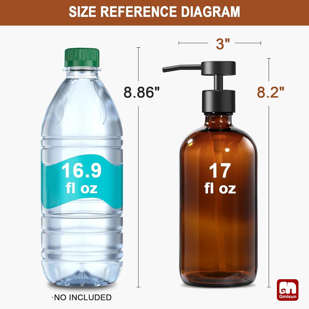 GMISUN Amber Glass Soap Dispenser, 2 Pack Bathroom Hand Soap Dispensers with Stainless Steel Flat