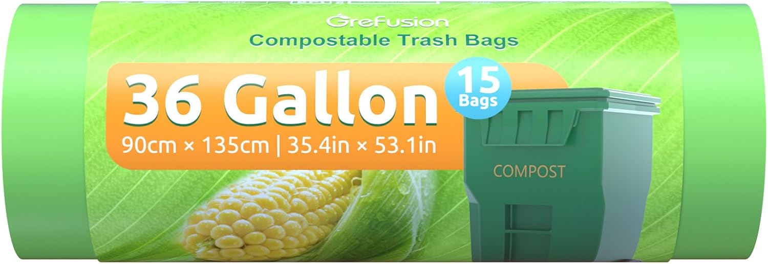 GreFusion Compostable 36 gallon Trash Bags, Extra Thick 1.28 Mills, Compost 36 Gal Trash Bags