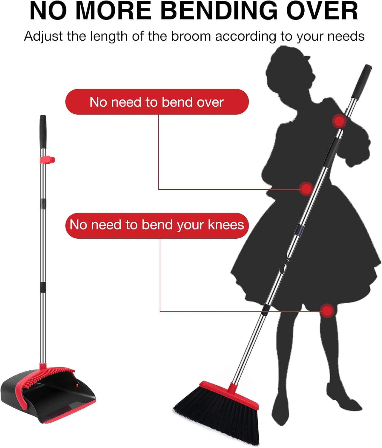 NACENA Broom and Dustpan Set, 52-in Long Adjustable Handle Broom Dustpan Combo with Dustpan Teeth