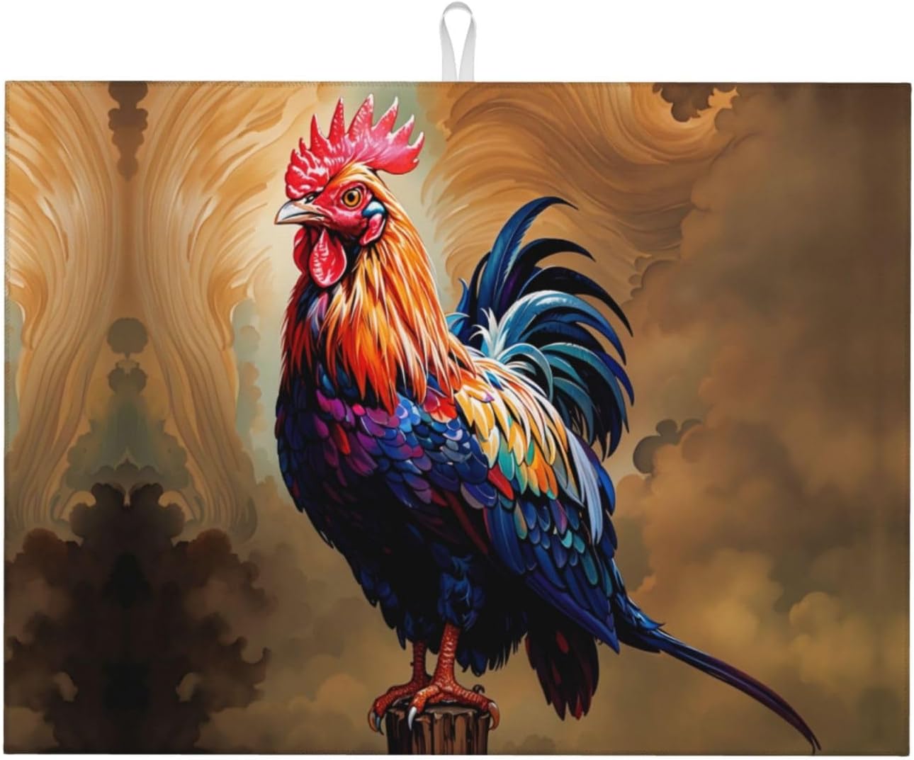 Rooster Dish Drying Mat Highly Absorbent Double-Sided Microfiber with Hanging Loop Reversible Drain