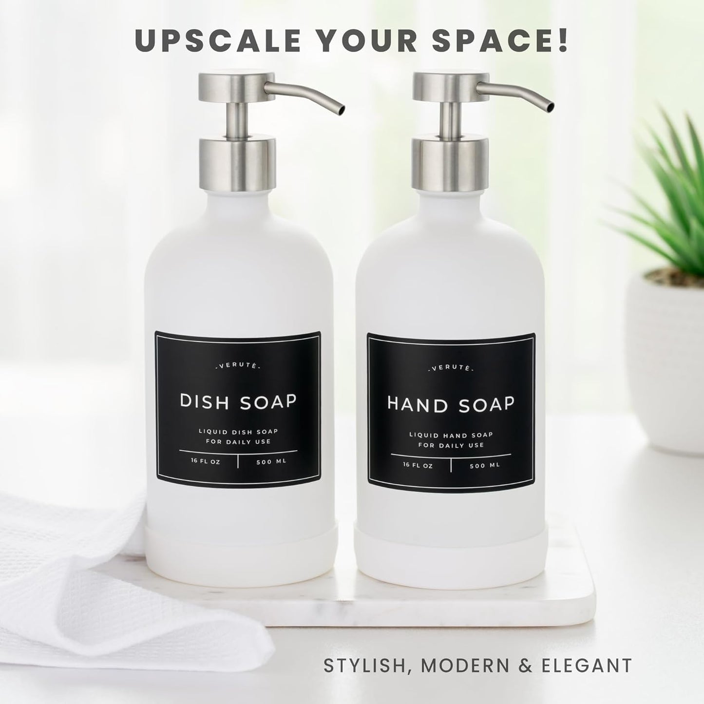 16oz Glass Soap Dispenser with Stainless Steel Pump, 21 Waterproof Labels, Non-Slip Protective