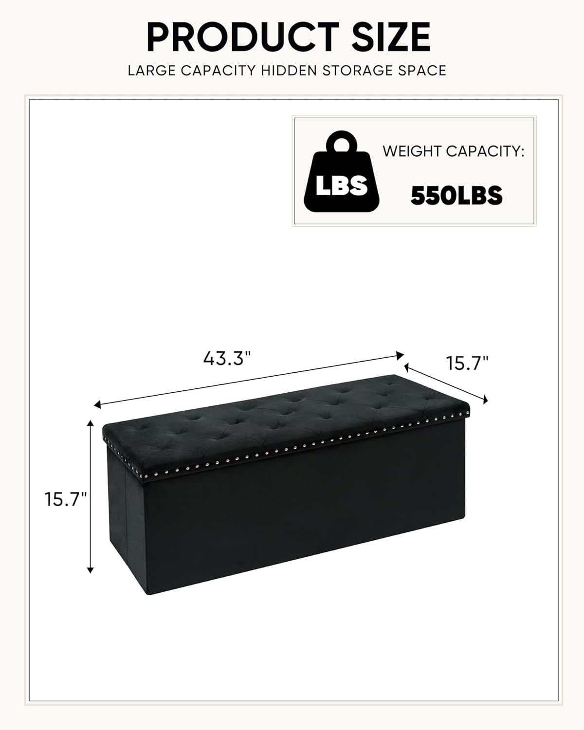 Velvet Storage Ottoman Bench, 43.3" Folding Ottoman with Rivet Trim, Heavy-Duty Upholstered