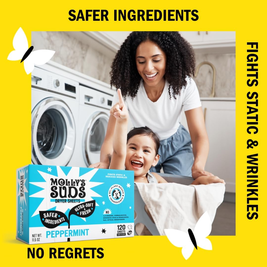 Molly's Suds Fabric Softener Dryer Sheets for Sensitive Skin | Plant-Based Static Reducer
