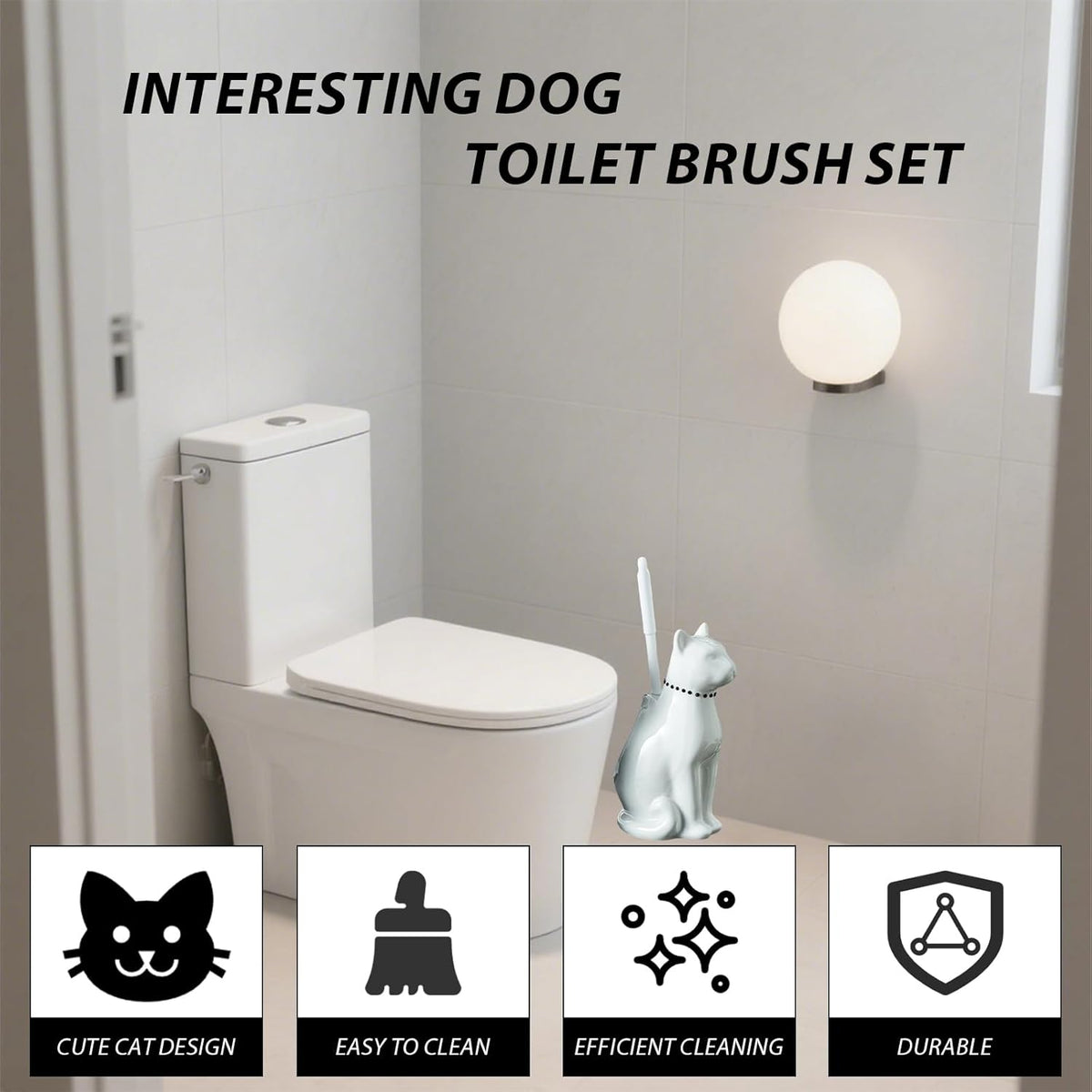 Comeon Ceramic Cat White/Black Toilet Brush and Holder Set, Plastic Handled Scrub Brush for