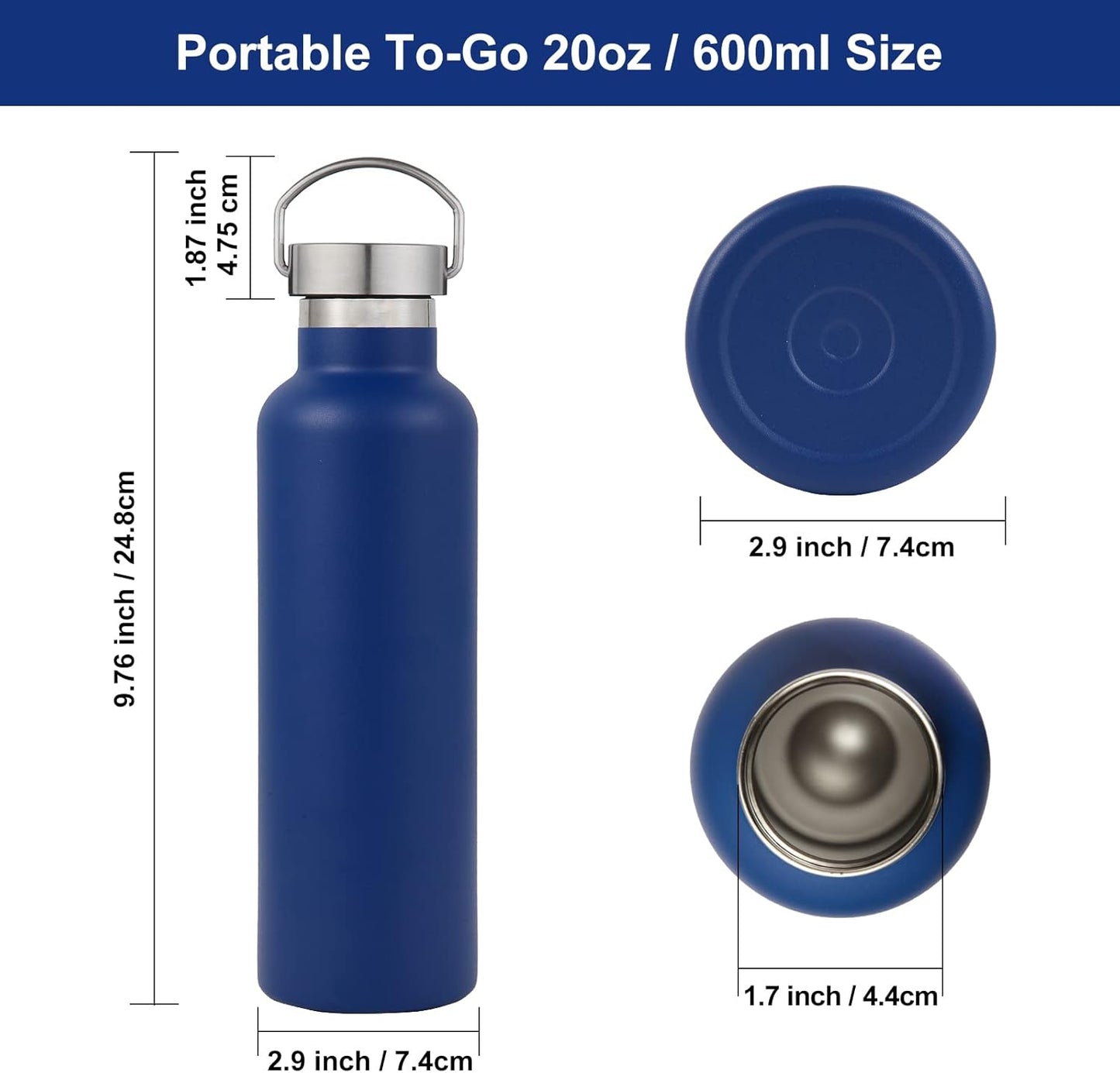 Neihepal 20 oz Insulated Water Bottles Bulk 4 Pack,Stainless Steel Double Wall Sport Bottle with